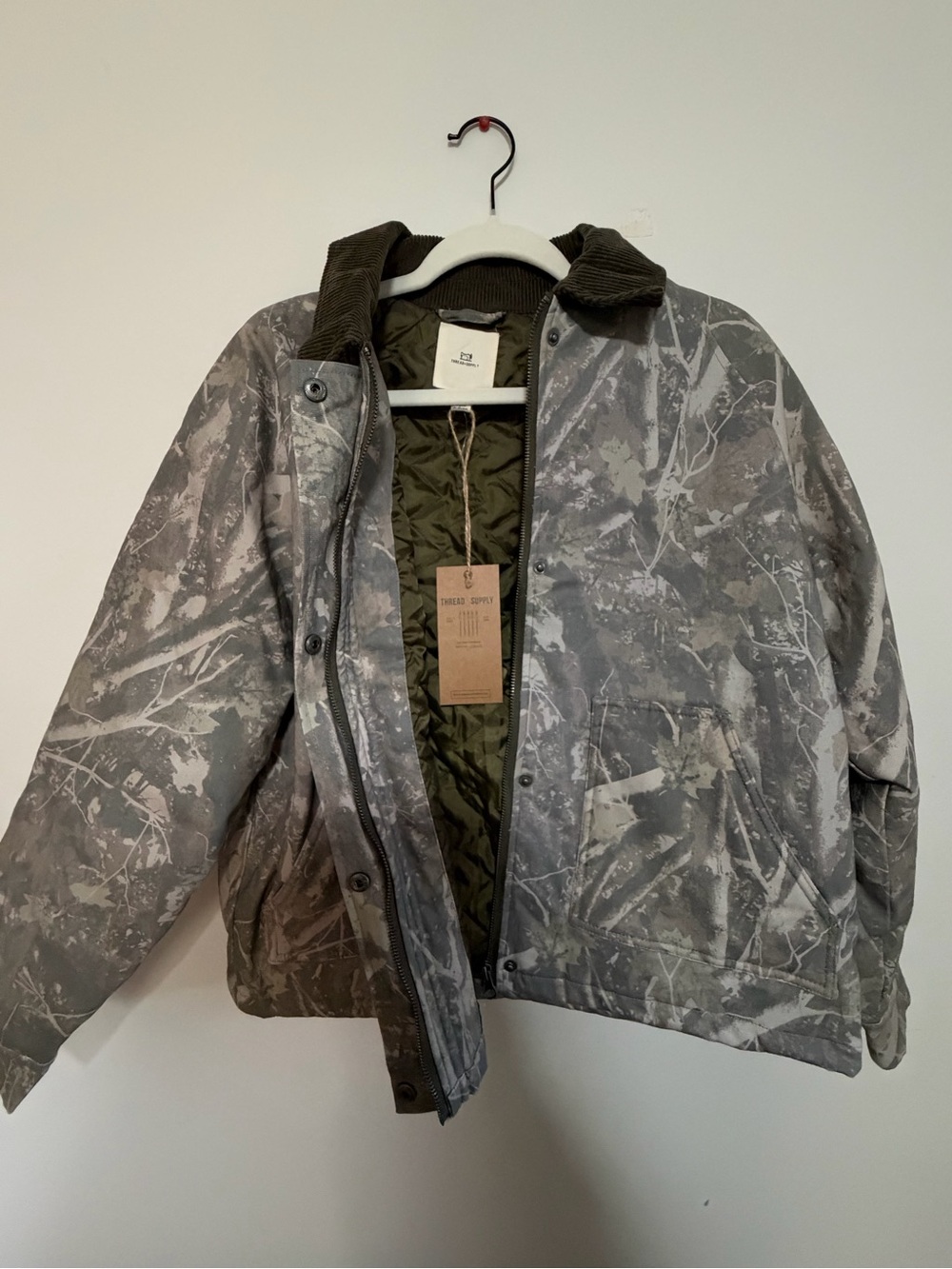 Thread & Supply Gray Camo Quilted Bomber Jacket with Olive Lining